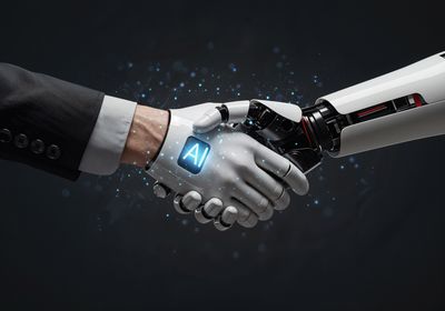 Una mano umana e una mano robotica che si stringono, sfocate sullo sfondo di una città futuristica. Credits: magnific.com